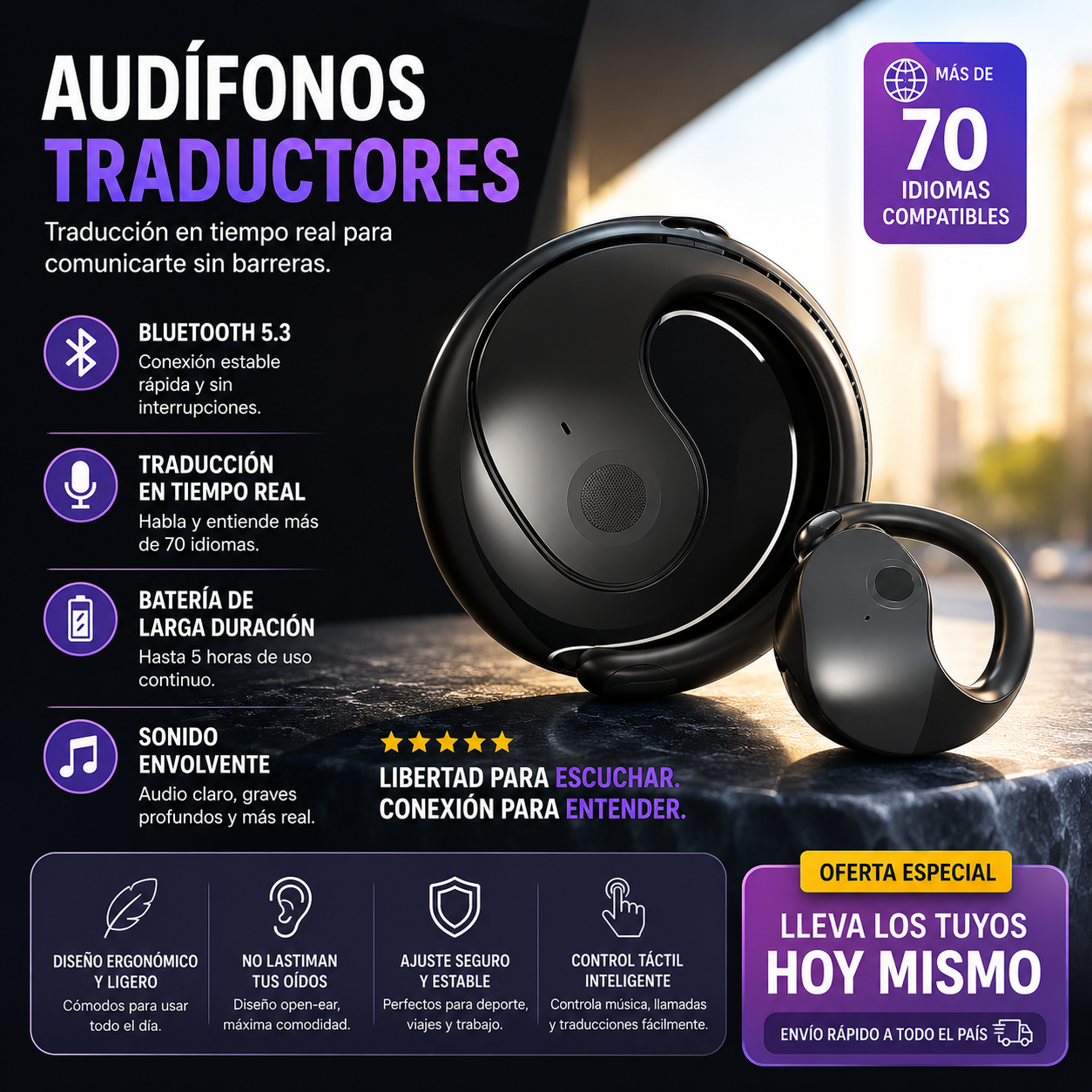 AUDÍFONOS TRADUCCIÓN OWS - JM13™  ¡Rompe la barrera del idioma! Traduce más de 100 idiomas en tiempo real con IA. Perfectos para viajes, negocios y reuniones. Incluyen asistente de voz + 🎁 APP GRATIS.