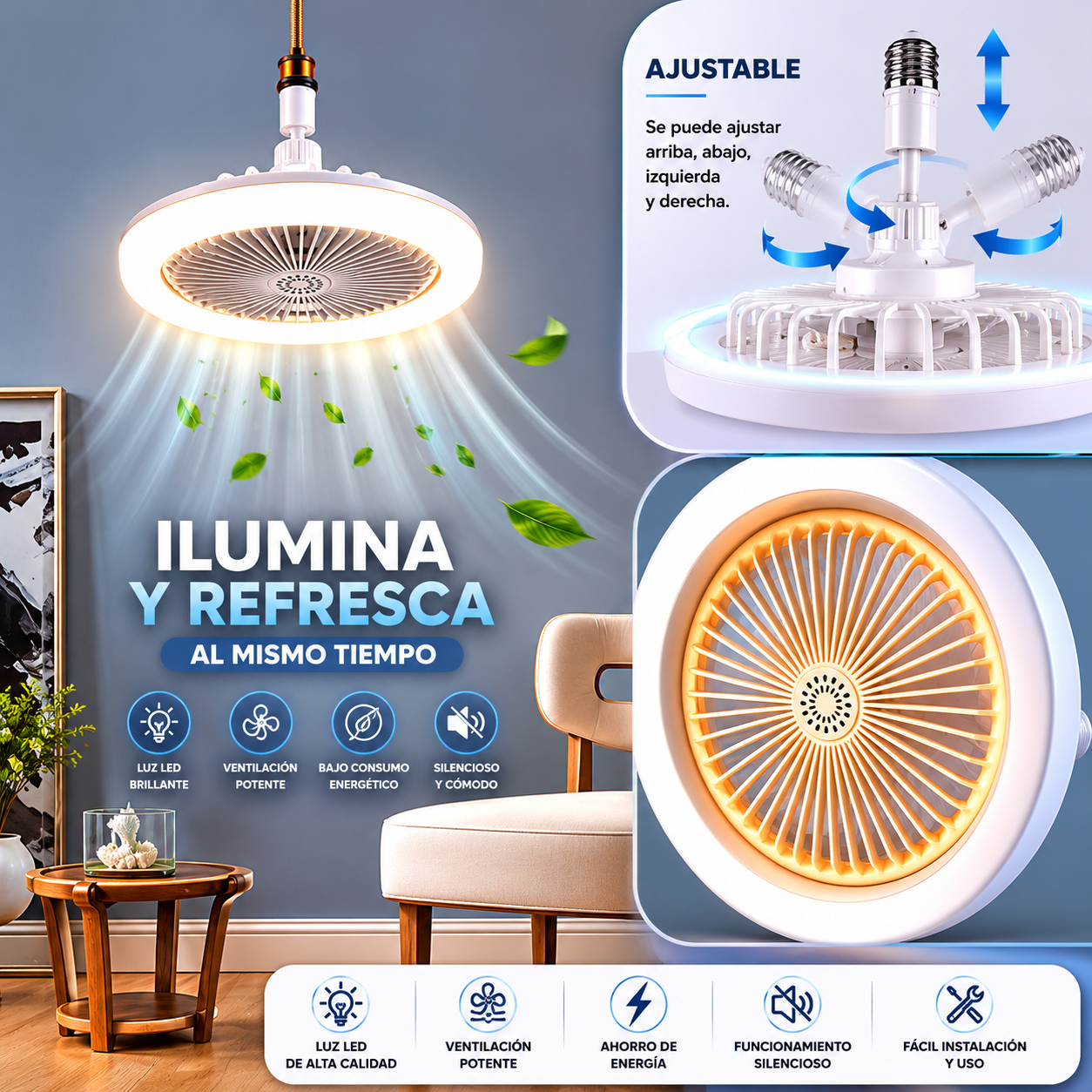 Ventilador de techo con luz LED de 3 modos, con mando a distancia, fácil instalación y funcionamiento silencioso