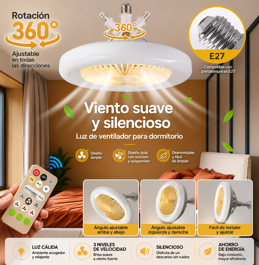 Ventilador de techo con luz LED de 3 modos, con mando a distancia, fácil instalación y funcionamiento silencioso