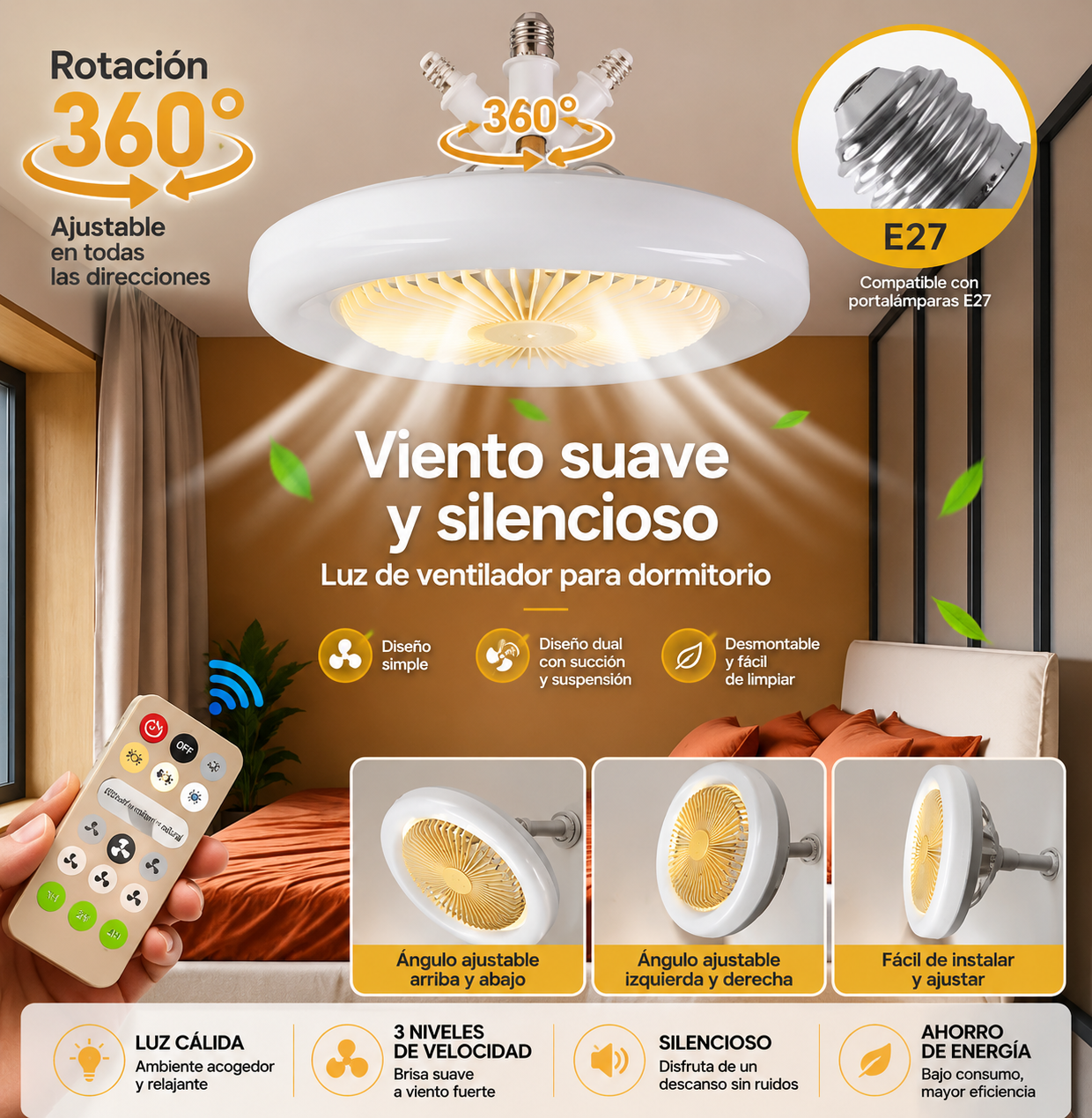 Ventilador de techo con luz LED de 3 modos, con mando a distancia, fácil instalación y funcionamiento silencioso