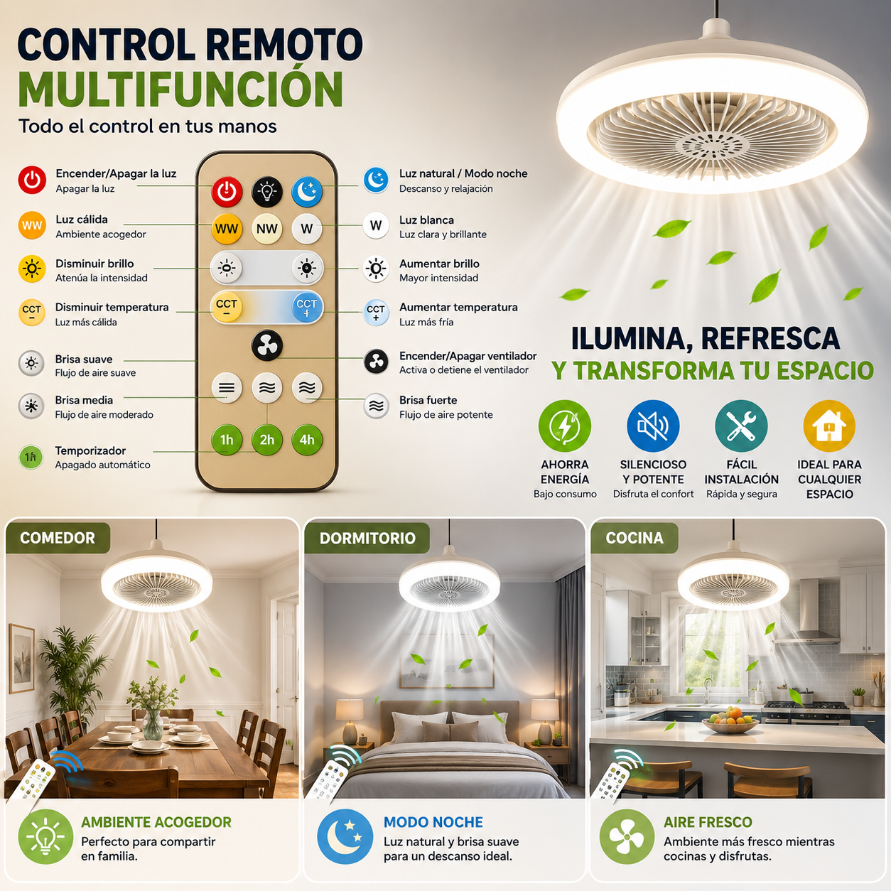 Ventilador de techo con luz LED de 3 modos, con mando a distancia, fácil instalación y funcionamiento silencioso