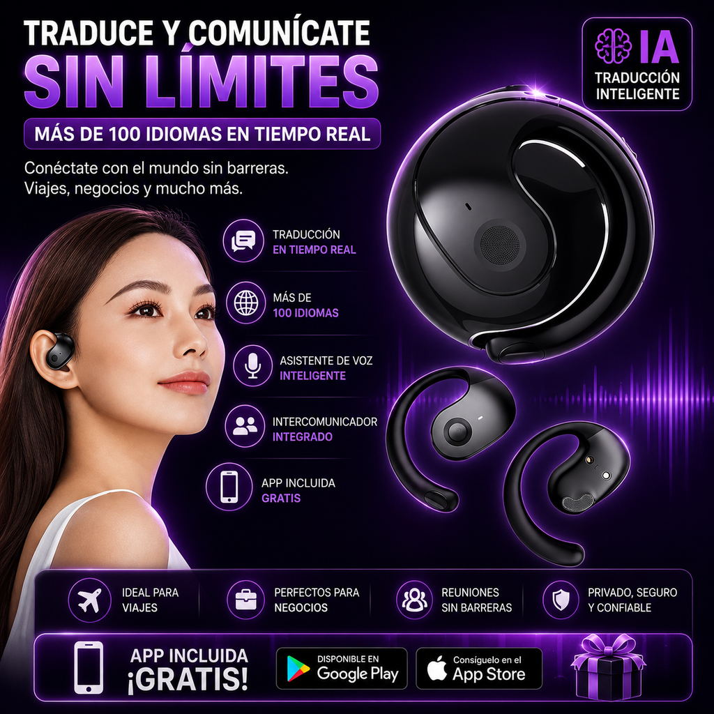 AUDÍFONOS TRADUCCIÓN OWS - JM13™  ¡Rompe la barrera del idioma! Traduce más de 100 idiomas en tiempo real con IA. Perfectos para viajes, negocios y reuniones. Incluyen asistente de voz + 🎁 APP GRATIS.
