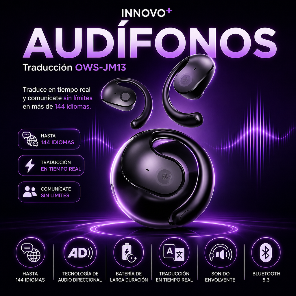 AUDÍFONOS TRADUCCIÓN OWS - JM13™  ¡Rompe la barrera del idioma! Traduce más de 100 idiomas en tiempo real con IA. Perfectos para viajes, negocios y reuniones. Incluyen asistente de voz + 🎁 APP GRATIS.