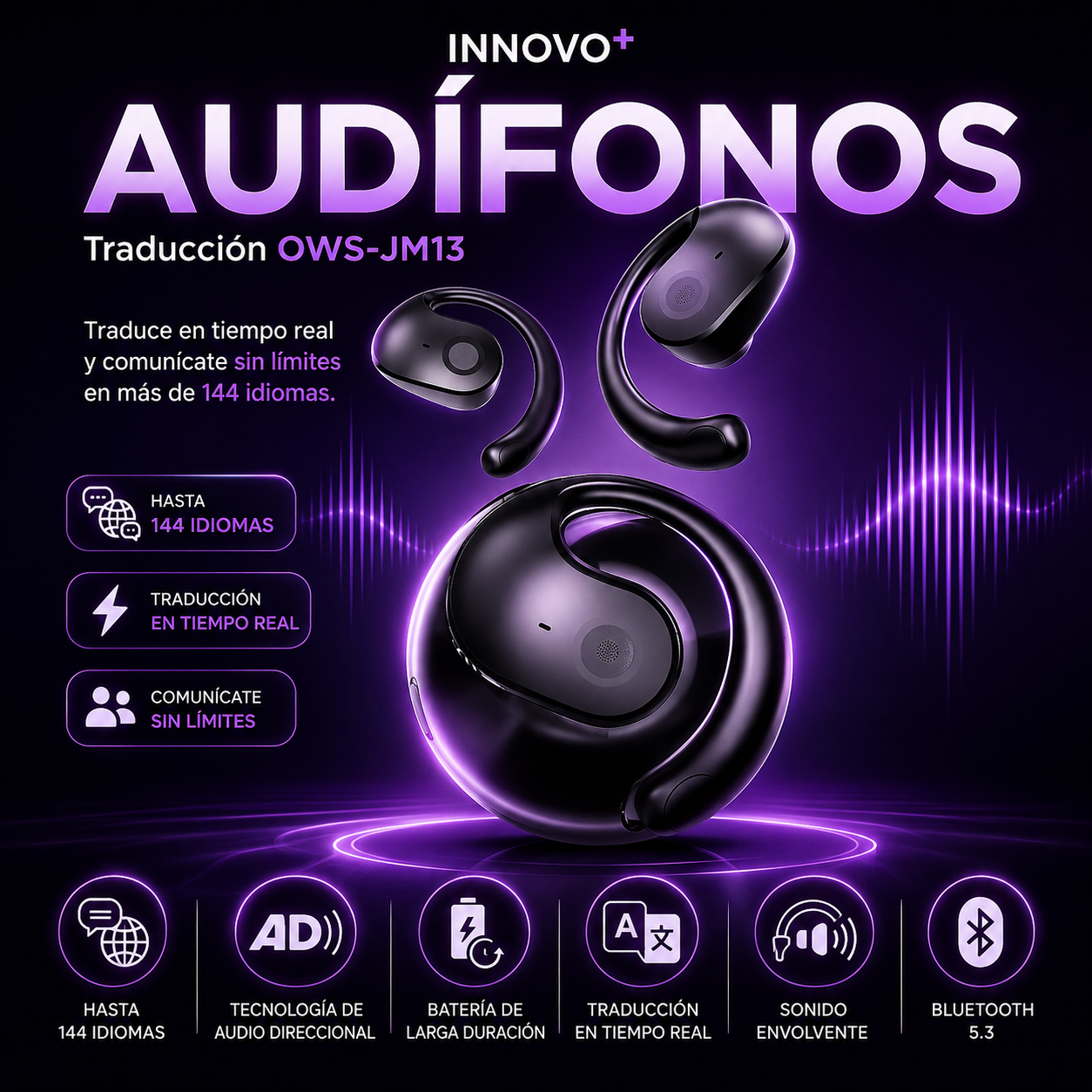 AUDÍFONOS TRADUCCIÓN OWS - JM13™  ¡Rompe la barrera del idioma! Traduce más de 100 idiomas en tiempo real con IA. Perfectos para viajes, negocios y reuniones. Incluyen asistente de voz + 🎁 APP GRATIS.